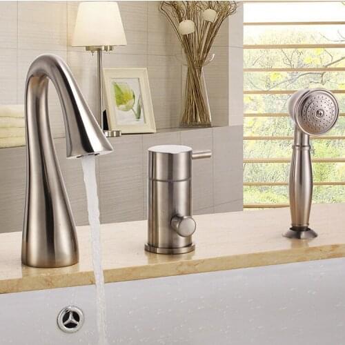 Free ship Brushed Nickel 3 pieces widespread Waterfall Bathroom Bath Roman Tub Filler Faucet W/ Hand Shower