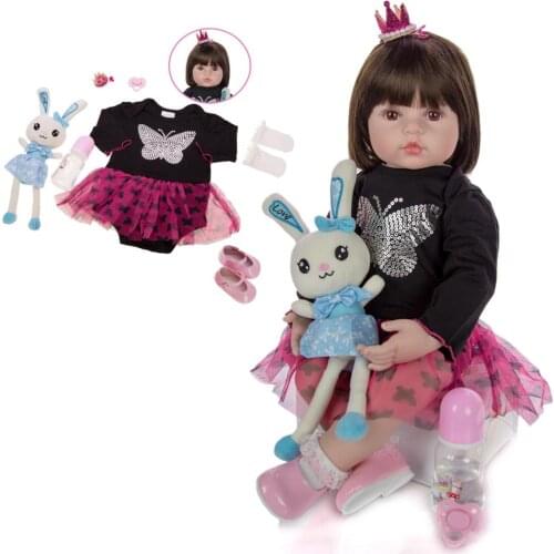 KEIUMI big 60cm Reborn Baby Doll Toy Cloth Body Stuffed Realistic siliconeBaby Doll With rabbit Toddler Birthday Christmas Gifts