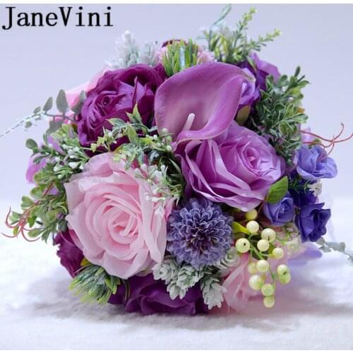 JaneVini Western Style Purple Bridal Brooch Bouquet Silk Rose Articielle Peony Calla Lily Wedding Bouquets Boutonnieres Corsage
