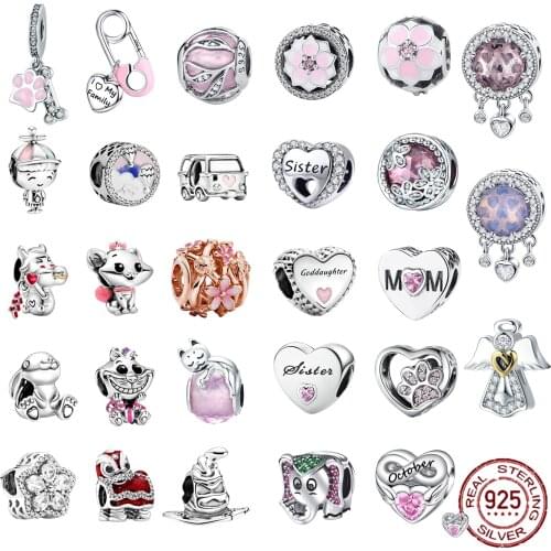 925 Silver Pink Series Peach Blossom Heart-shaped Locking Beads Charm Fit Original Pandora Charms Bracelet DIY Jewelry For Women