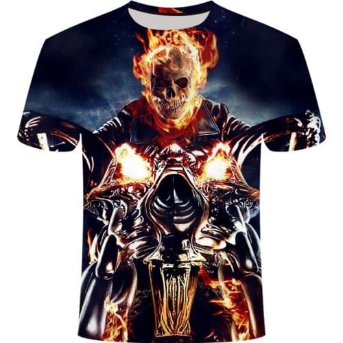 Skull T-shirt mens black T-shirt flame motorcycle punk 3d printed T-shirt hip-hop mens casual punk street clothing top