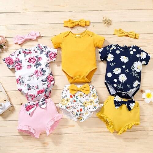 3pcs Infant Baby Girl Clothes Toddler Summer Cotton Casual Outfits Set Letter Bodysuit Bow Shorts Headband Baby Clothes