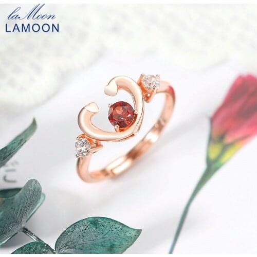 LAMOON 925 Silver Ring For Women Serentity Princess Heart Natural Red Garnet 18K Rose Gold Plated Fine Jewelry Japan Anime RI033