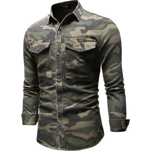Band Camouflage Mens Denim Shirt Long Sleeve Hombre Outdoor Climbing Jean Tops High Quality Cotton Cowboy Shirt