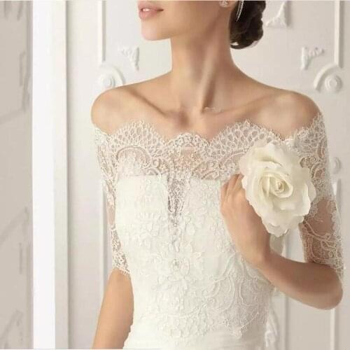 2019 Soft Wedding Jacket Wrap Off Shoulder White Ivory Buttons Back Lace Appliques Bridal Bolero Custom Made New Jackets