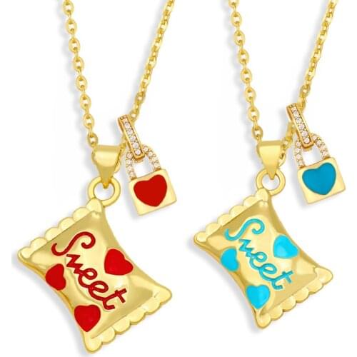 FLOLA Brass Enamel Sweet Candy Necklace For Women Padlock Charms Necklace CZ Cubic Zirconia Gold Plated Jewelry Gifts nkev58