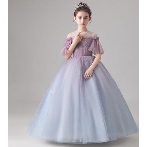 Flower Girl Dresses Illusion O-Neck Short Sequined Princess Floor-Length Tulle Lace Off The Shoulder Pleat Kids Party Gown H239