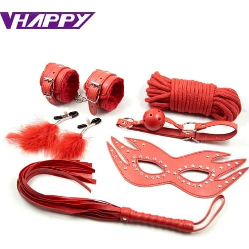 SM 6pcs/set Classic sex for couple flirt toys adult games Toy role-playing Sexual bondage Plush Handcuffs PU goggles BDSM 06003