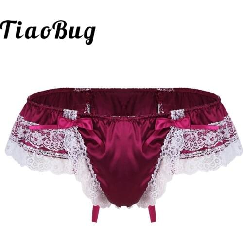 TiaoBug Men Shiny Satin Sissy Panties Sexy Lingerie Floral Lace with Bowknot Low Waist G-String Thong Crossdresser Gay Underwear