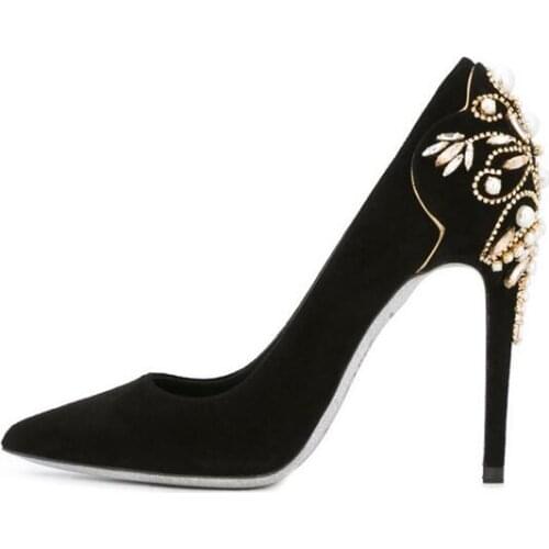 Sexy Crystal Embellished High Heels Pumps Pointed Toe Black Suede Rhinestone Shoes Women Slip-on Party Wedding Pumps