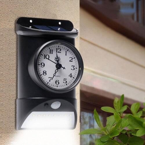 Solar Outdoor Wall Lamp Body Infrared DetecionLight Control IP44 White Light Black/Brown Wood Grain Clock/Hygrometer/Thermometer