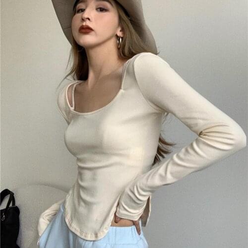 Women Spring Autumn T-Shirt New Korean Slim Square Collar Long Sleeve Thin Solid Loose Top Casual Black Gray T-Shirt YM228