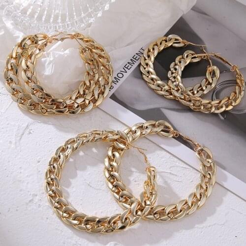 ALIUTOM Vintage Gold Silver Color Large Chain Hoop Earrings For Women Oversize Exaggerated Big Round Earring Statement Jewelry