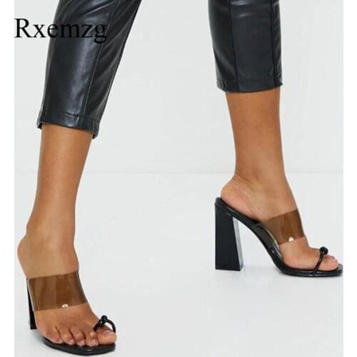 Rxemzg square heel slippers summer shoes woman transparent PVC strap high heels sexy sandals flip flop slippers square toe pumps