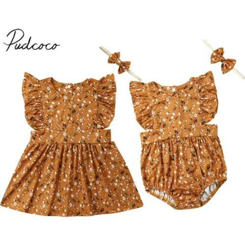 2019 Brand New Big/Little Sister Matching Dress Romper Clothes Flower Print Ruffles Sleeve Yellow Cotton Family Clothes Headband