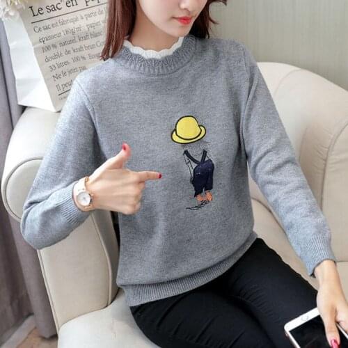 Women Autumn Winter Style Knitted Sweater Pullovers Lady Casual Bear Bee Printed Stand Collar Pullovers Tops ZZ1034