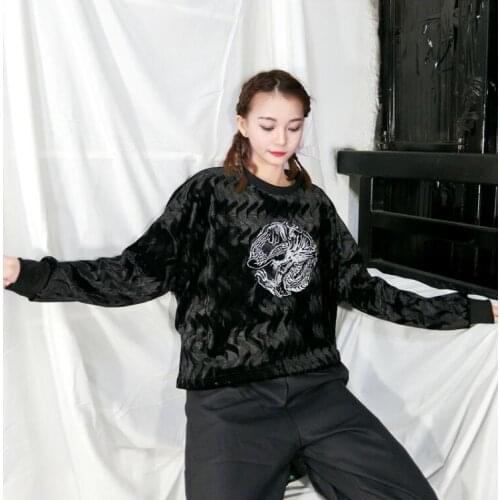Women Autumn Harajuku Embroidery Long Sleeve O-neck Casual Sweatshirt Black Print Pullovers Fashion Streetwear Female Top