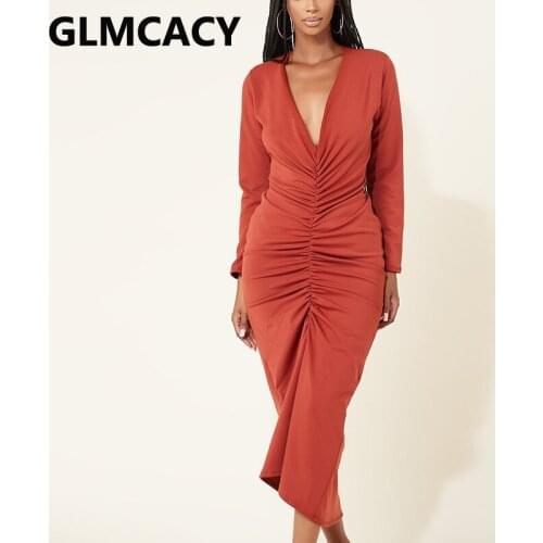 Women Long Sleeve V Neck Ruched Maxi Dress Elegant Evening Party Long Dress