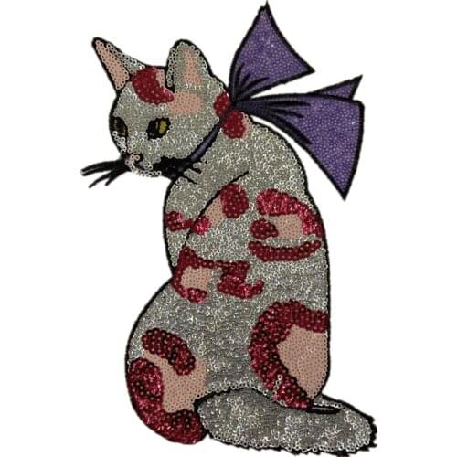 1PCS Iron On Sequined Cat Iron On Patches Sewing Embroidered Applique for Jacket Clothes Stickers Badge DIY Apparel Accessories