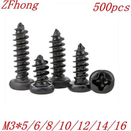 500PCS M3*5/6/8/10/12/14/16 3mm black micro electronic screw cross recessed phillips round pan head self tapping screw