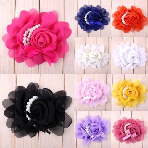 120pcs/lot 10 Colors Hair Clips Chiffon Rose Pearl Flower Accessory For Kids Blossom Scalloped Candy Color Flower For Headband