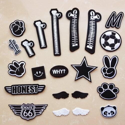 White Black Embroidery Patches For Clothes Iron On Patch DIY Appliques Clothes Jeans Stickers Badges Letters Animal Zipper