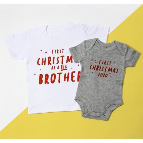 Big Brother T-shirt & Little Sibling 1st Christmas Bodysuit Cute Matching Set First Christmas Brothers Outift Anouncement Tee