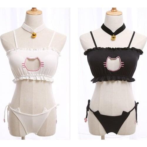 Hot Cat Keyhole Chest Hollow Out Lingerie Set 3pcs Set: Ring Bell Choker + Camisoles Vest + Panties White & Black