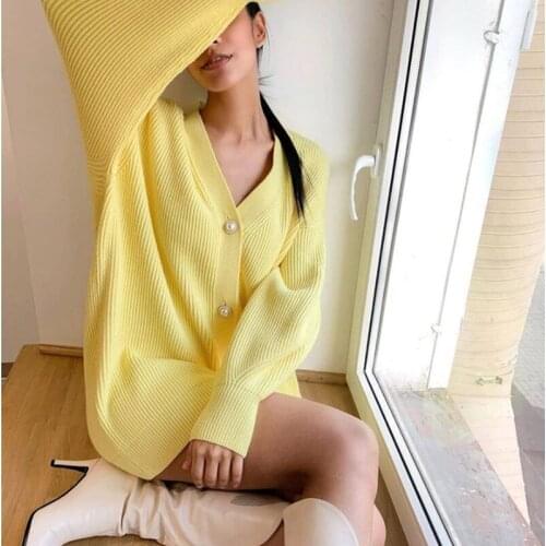 V-Neck Oversized Cardigan Sweater Coat Womens Solid Color Casual Cardigan New Fashion Loose Knitted Buttoned Cardigan