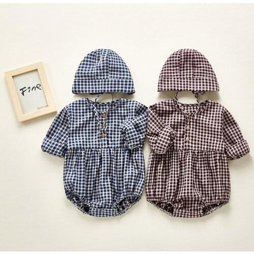 2020 Newborn Baby Autumn Romper Clothes Brand Girl Plaid Jumpsuit Cute Outfits Overalls Fashion Lovely With Hat Outfits Set