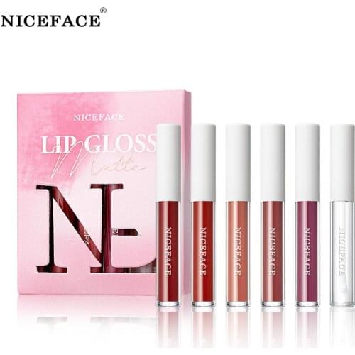 Niceface 6 Pcs/Set Matte Lip Gloss Set Nude Velvet Liquid Lipstick Kit Lips Makeup Waterproof Silky Metal Lipgloss Cosmetics