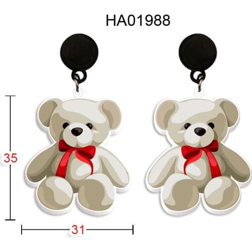 Cute Teddy Bear Black Drop Earrings Print Pattern Acrylic Resin