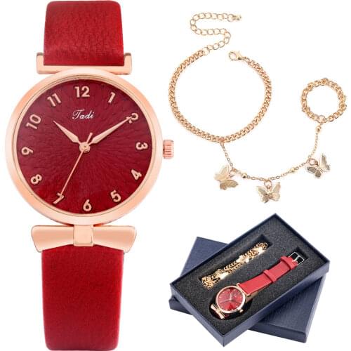 Lucky Red Ladies Watch Bracelet Set Women Quartz Leather Watch Butterfly Hand Chain with Rings Anniversary Gifts Box for Wife