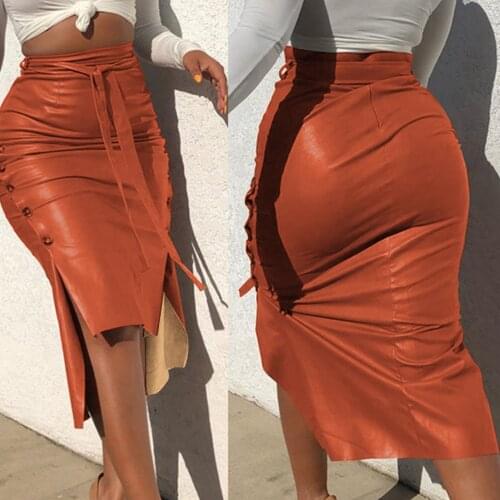 2021 New Vintage PU Leather Skirt Women Sexy High Waist Knee Length Bodycon Split Midi Skirt Plus Size Office Pencil Skirt