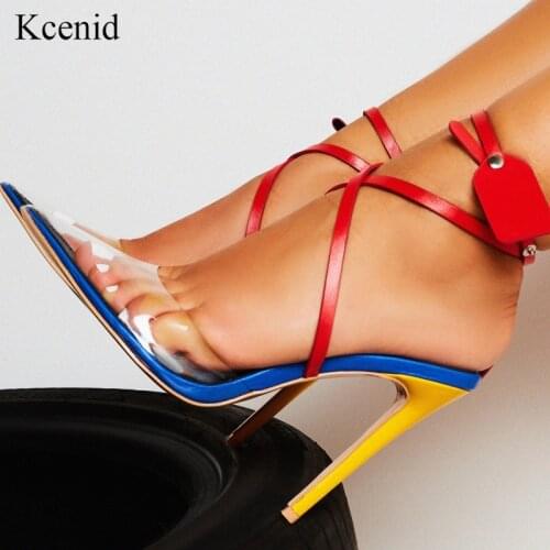 Kcenid New Transparent PVC pointed toe summer sandals women sexy high heels womens shoes multi color cross-strap rivets pumps