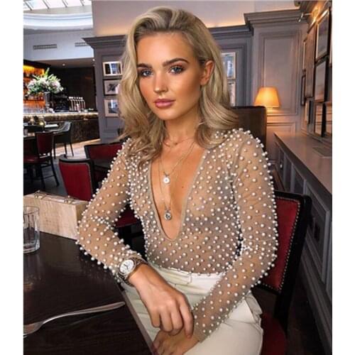 New Beach Fashion Sexy V Neck Mesh Beading Transparent Women Bodysuit 2021 Celebrity Designer Beachwear Rompers