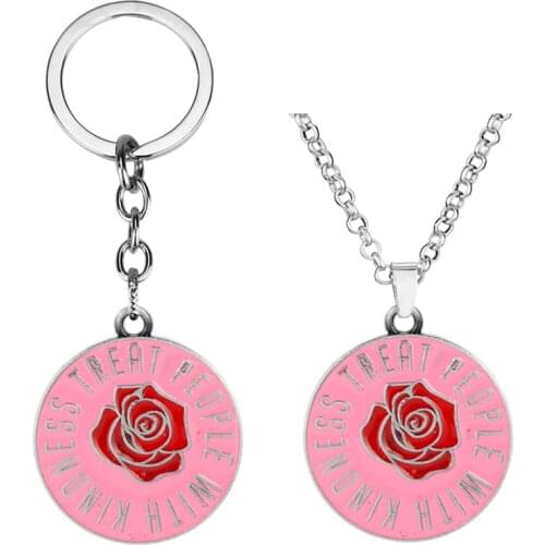 Treat People With Kindness Keyring Key Chain Rose Flower Enamel Metal Chain Pendant Necklace Keychain For Fans Gift