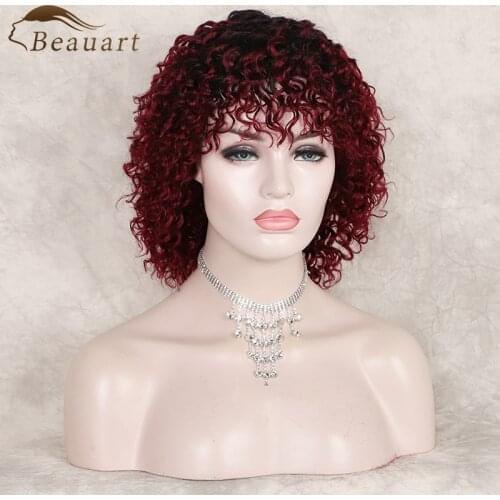Beauart Afro Deep Curly Human Hair Full Wig 12"Short Kinky Curls Wig With Hair Bangs For Black Women Bob Cut Machine Wigs