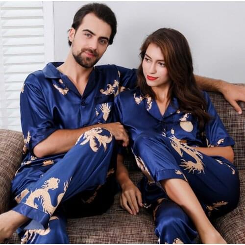 Couple Silky Pajamas Pyjamas Set Short Sleeve Sleepwear Pijama Pajamas Suit Women And Man Sleep 2PC Set Loungewear Plus 3XL