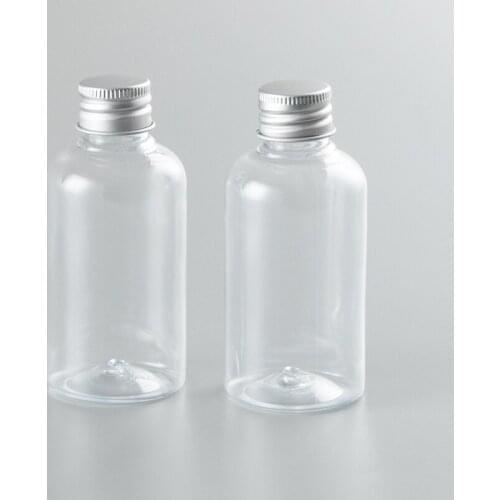 50pcs 75ml Clear Plastic Makeup Water Bottle,Aluminum Screw Cap, Empty Mini travel Shower Gel shampoo container bottle