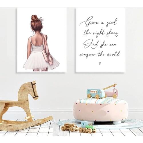 Blush Pink Ballerina Girl Cartoon Poster Canvas Painting Nursery Wall Art Pictures Ballet Dancer Prints Toddler Girls Room Decor
