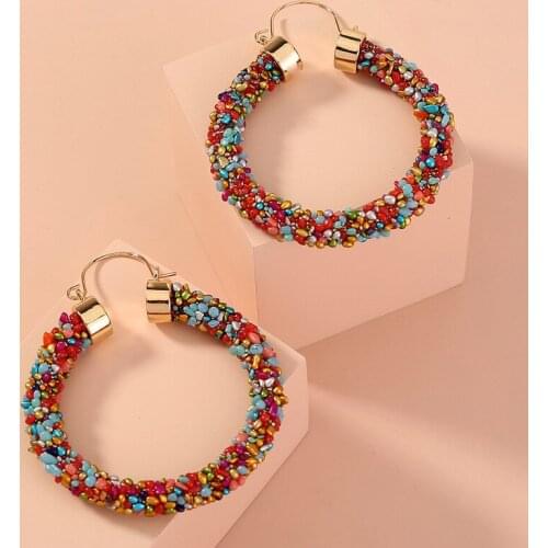 Minar Exaggerated Rainbow Beads Hoop Earrings for Women Bohemia Large Hollow Round Circle Hanging Earring Beach Jewelry Gift