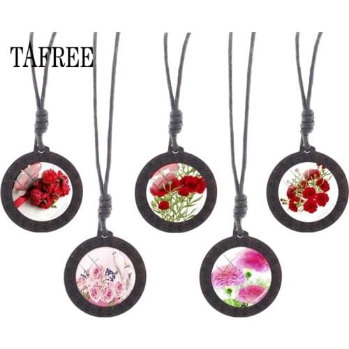 TAFREE China hand made Rope flowers Wooden Necklace Glass Cabochon Pendant Lily Lotus peony Round moive Choker for girls KL06
