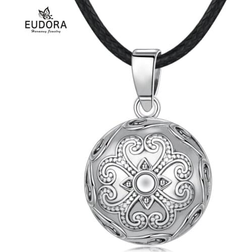EUDORA 20mm copper metal Carve Flower Harmony Ball Ringing Chime ball Pendant Necklace Women Jewelry Pregnant Gift N14NB339-Y