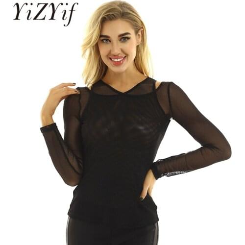 Women mesh sheer tops women clothes Stylish Long Sleeves Double-Layer See Through Sheer Mesh Tops Tee t shirts