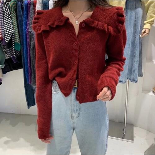 Womens Knitted Cardigan Cute Turn-down collar Long Sleeves Button Sweet Sweater Wholesale Top 2021 New Fashion Lady Clothing