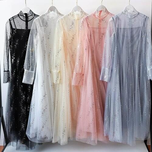 5colors Spring Summer Autumn Spot Mesh Sequined Sweet Fall Elegant Club Casual Black Long Sleeve Princess Party Sexy Women Dress