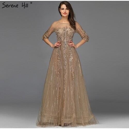 Gold Dubai Design Long Sleeves Prom Dresses 2020 A-Line Luxury Beading Crystal Prom Gowns Real Photo BLA70170