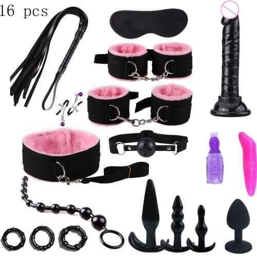 16pcs BDSM Kits Adults Sex Toys For Women Men Handcuffs Nipple Clamps Dildo Whip Spanking Anal Plug Vibrator Bdsm Bondage Set