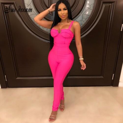 2020 Autumn New WomenS Fashion Sexy Blue Rose Red Black Spaghetti Bandage Jumpsuit Bodycon Club Party Jumpsuit